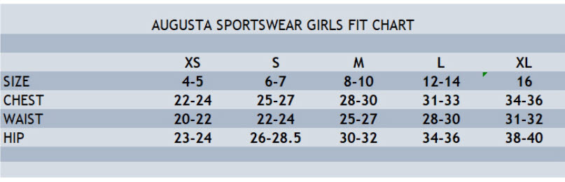 Augusta Sportswear Youth Size Chart