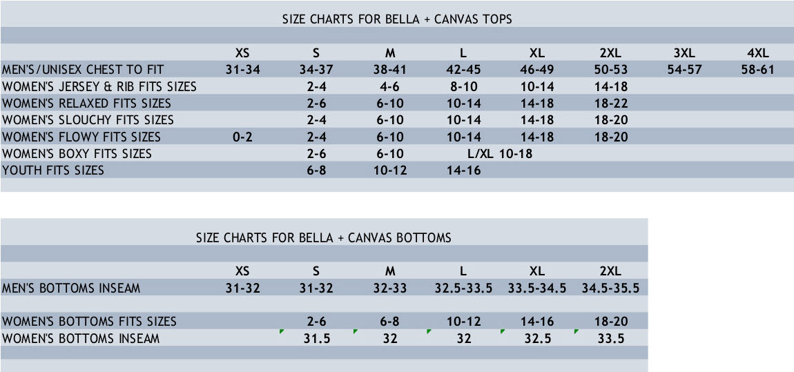 Bella Plus Canvas Size Chart