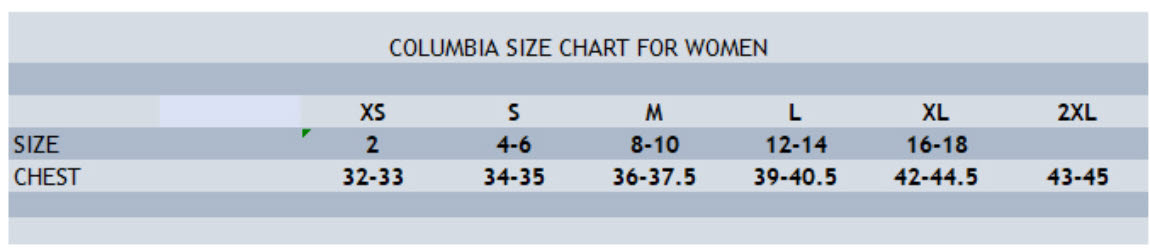 Womens Columbia Size Chart