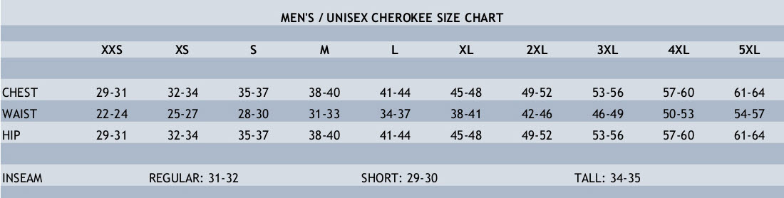 Cherokee Unisex Scrubs Size Chart