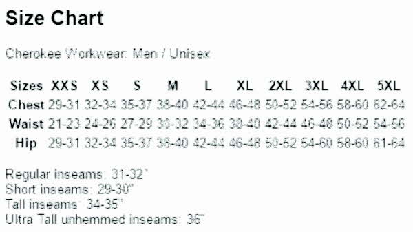 Cherokee Men S Scrubs Size Chart